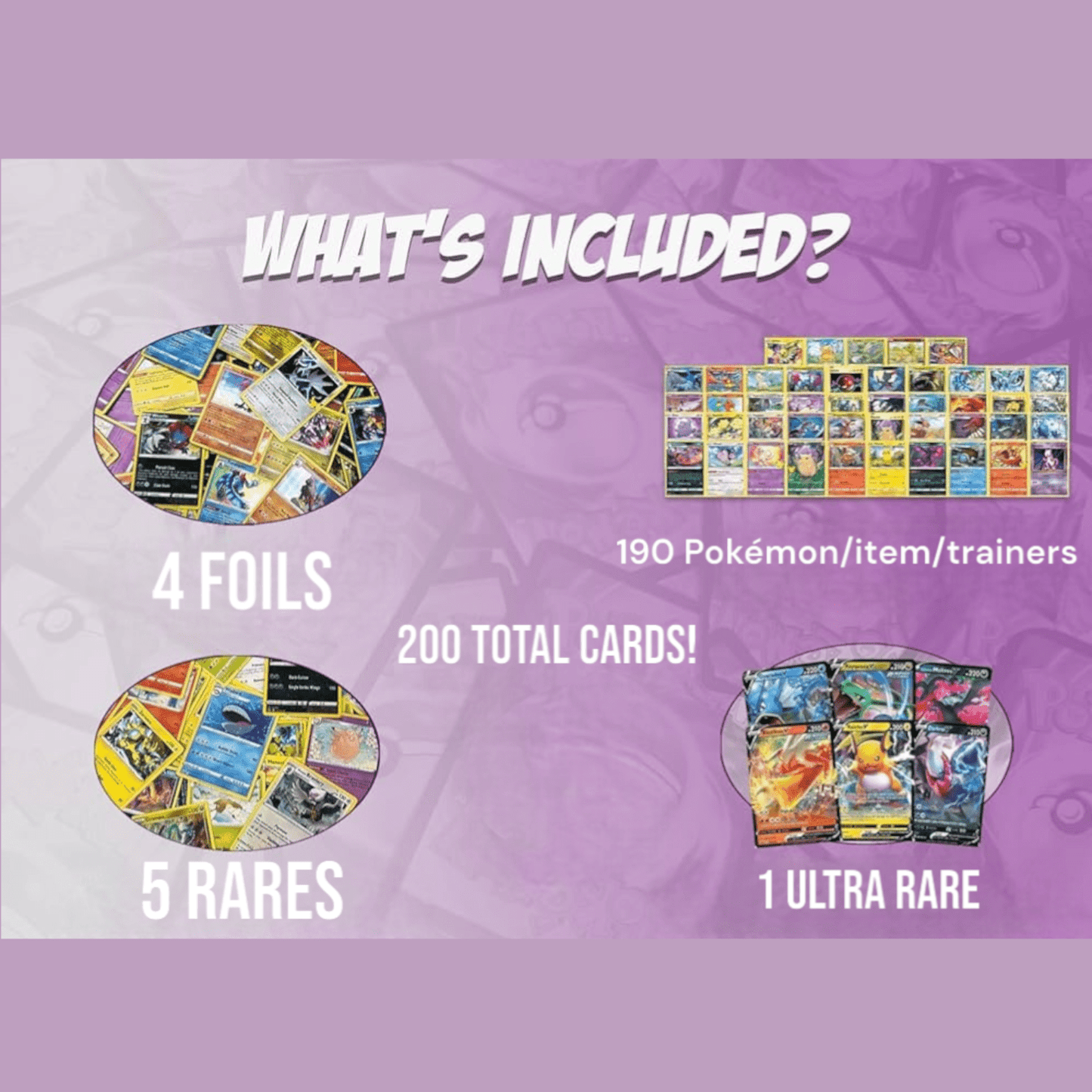 Pokemon 200 Card Bulk Bundle Rare, 5 Rares + 4 Holo Foil + 1 Ultra Rare, Authentic TCG Collection for Kids Fans & Collectors