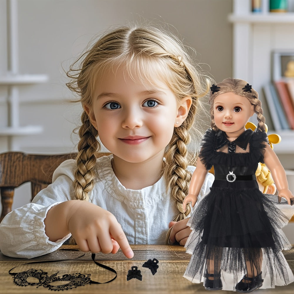 18 Inch Doll Halloween Costume Black Tulle Cake Dress with Black Bow Hair Clip with the Listed Color, Size or Set Options for Everyday Use