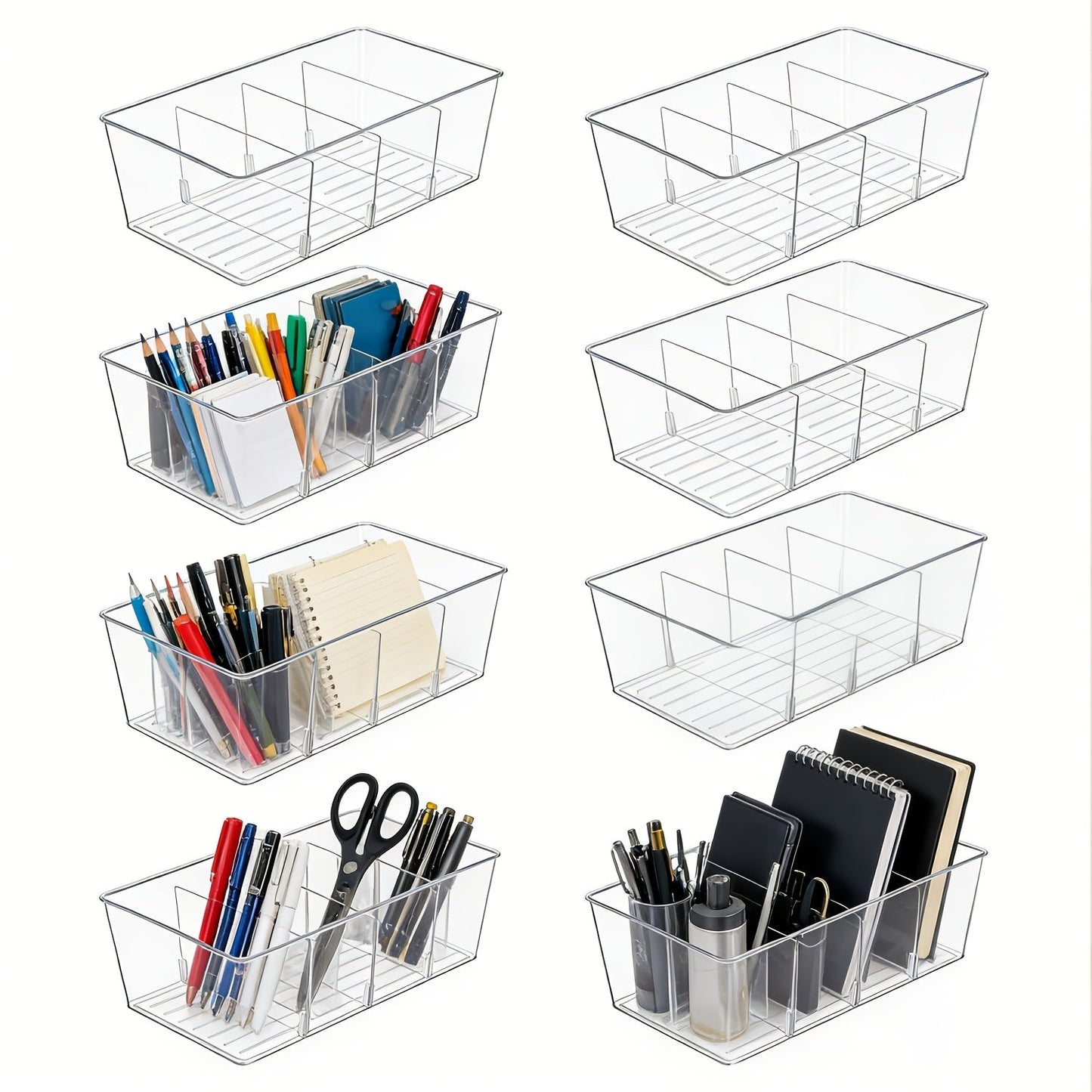 Pantry Organizer Bins 8 Pack Clear Plastic Food Storage Bins with Removable Dividers 4 Compartments for Kitchen Cabinet