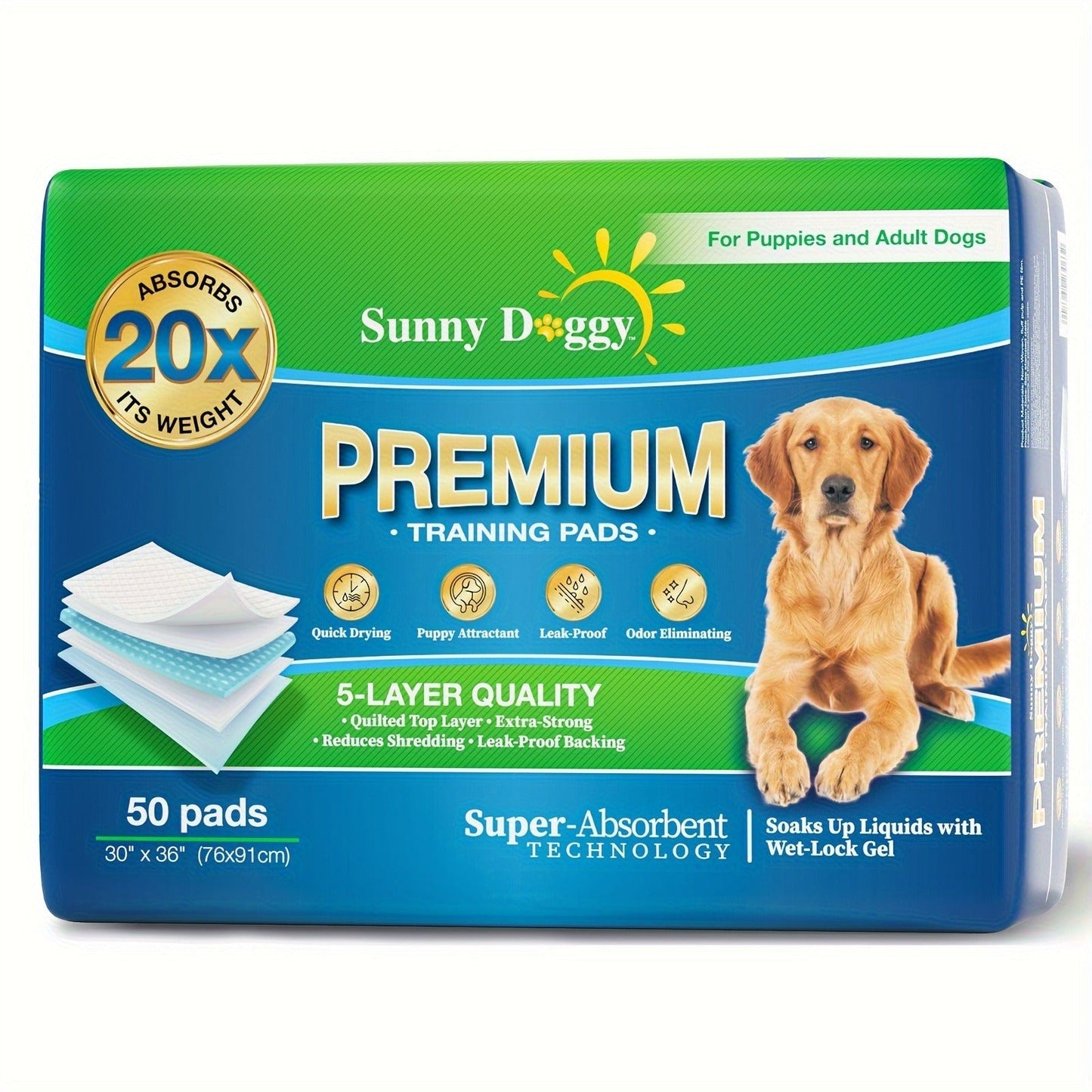 Dog Training Pads, Sunny Doggy Disposable Sets in 120-Count 22 x 22, 50-Count 30 x 36 and 40-Count 36 x 36 Sizes