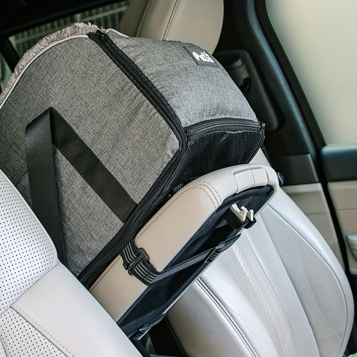 Open-Top Pet Carrier Car Seat Tote with Padded Rim, Attachment Straps, Interior Clip and Grey Fabric Exterior