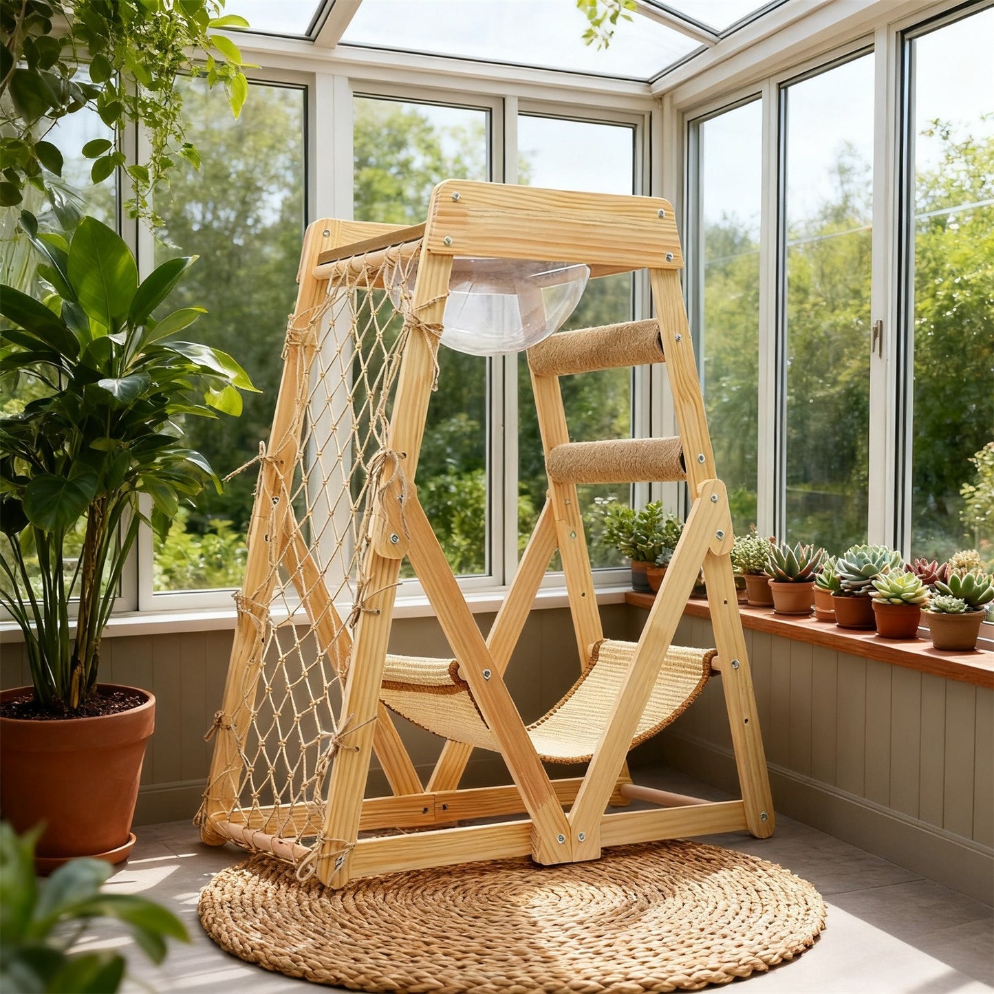 Cat Tree Triangle Cat Tower with Sisal Scratching Posts, Soft Hammock Bed & Hanging Feather Toys β Bamboo Stable Cat Climbing Tower