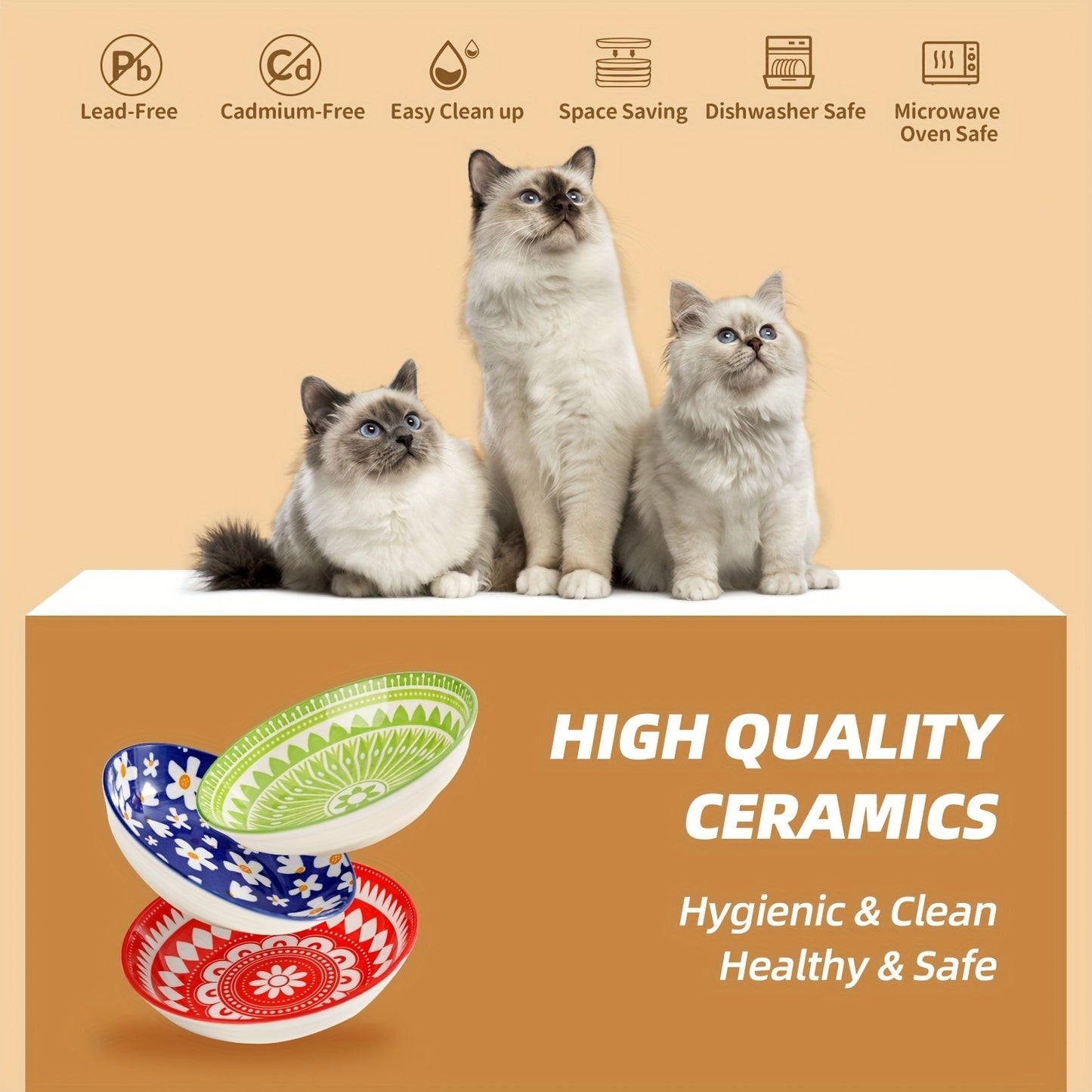 Ceramic Cat Bowls Set of 6 – Shallow Wide Cat Food Plate Whisker Friendly with Non-Slip Mat, Fairy Tales Colorful Design