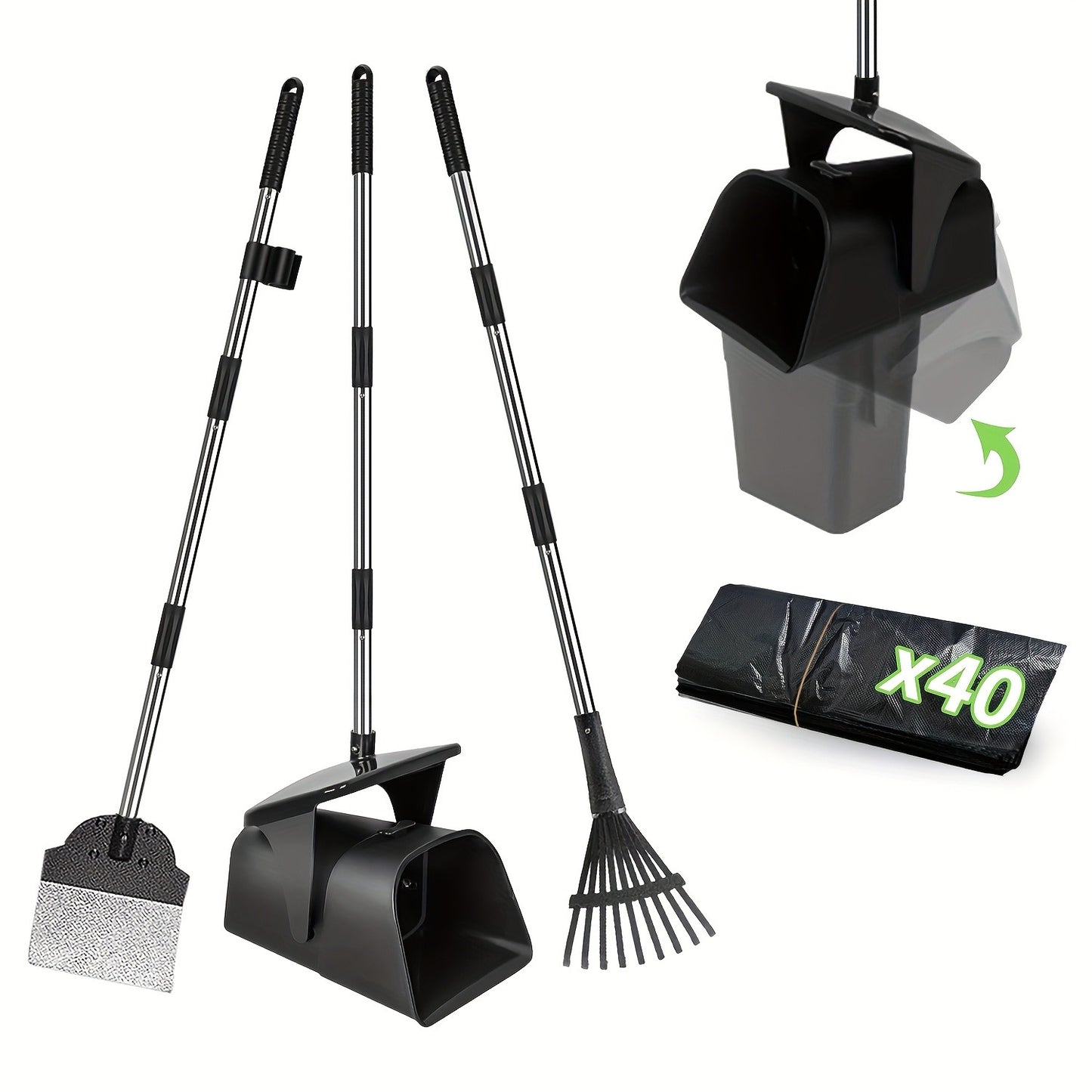 Dog Pooper Scooper with Long Handle & Swivel Bin – Heavy Duty Rake Spade Set, 40 Waste Bags Included, Pet Waste Removal for Yard Grass