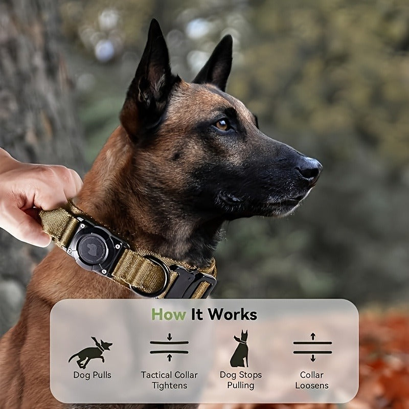 Tactical Dog Collar with AirTag Holder and Handle Adjustable Heavy Duty PC Case GPS Tracking Compatible for Medium Large Dogs M L XL 9