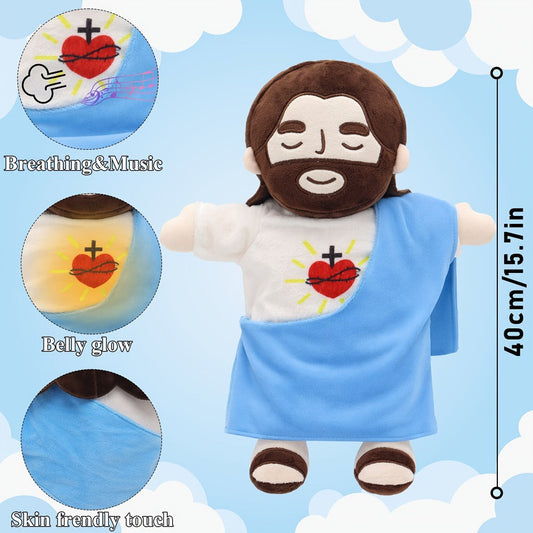 Sacred Heart of Jesus Plush Doll 15.7 Inch - Breathing Glowing Light Christian Religious Toy for Kids