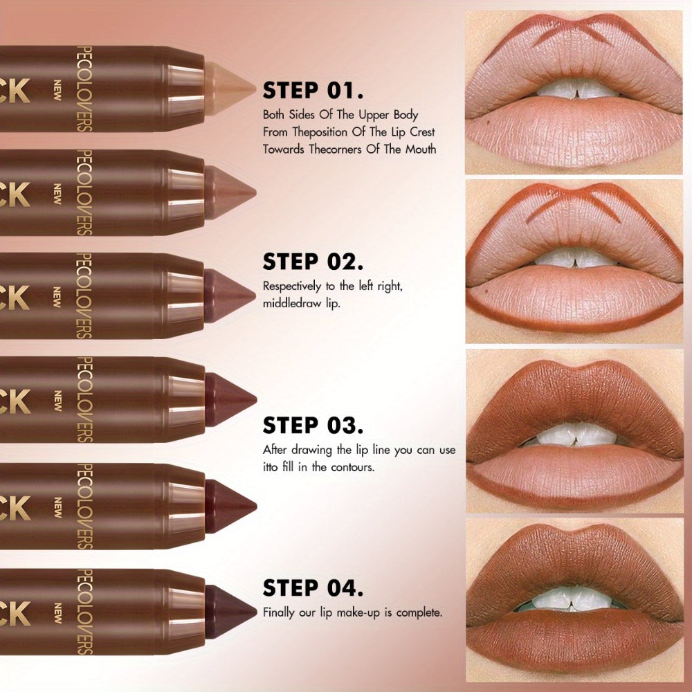 Non-Smearing Contour Lip Liner Set 6 Pcs, Smooth Paste Matte Formula Precise Definition, for Makeup, Travel and Everyday Vanity Use