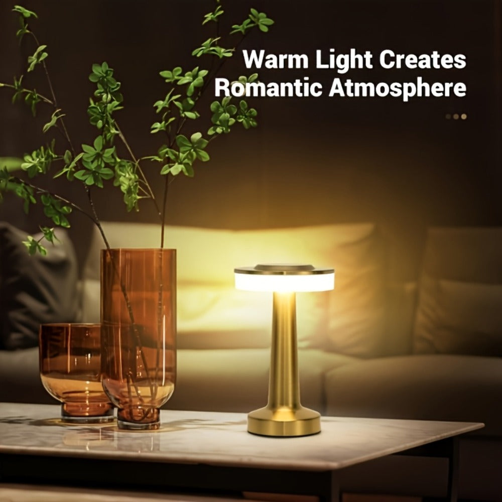 Table Lamp with Gold Metal Body, Rechargeable Battery, Touch Dimming and Three Color Temperatures