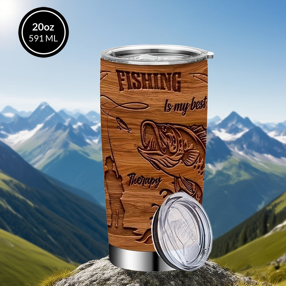 20oz Brown Fisherman-Graphic Tumbler with Clear Lid, Metal Straw and 7.2 x 17.5 cm Pictured Size