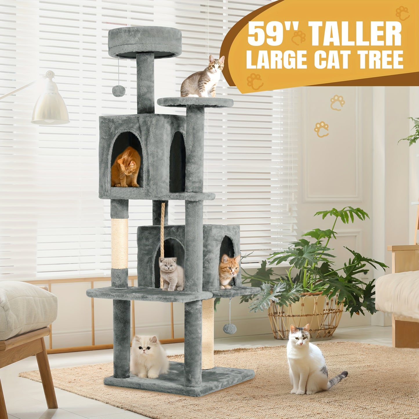 Cat Tree Tower 59 Inch Large Multi-Level Cat Tower for Indoor Cats with Plush Resting Area, Sisal Scratching Post & Hanging Ball Toy