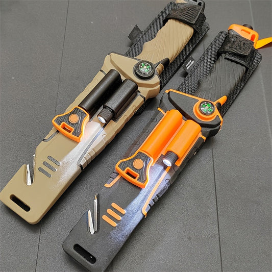 Fixed Blade Outdoor Camping Knife 9.64 Inch Stainless Steel, Survival Hunting Knife with Flint Fire Starter Night Light Sharpener Safety