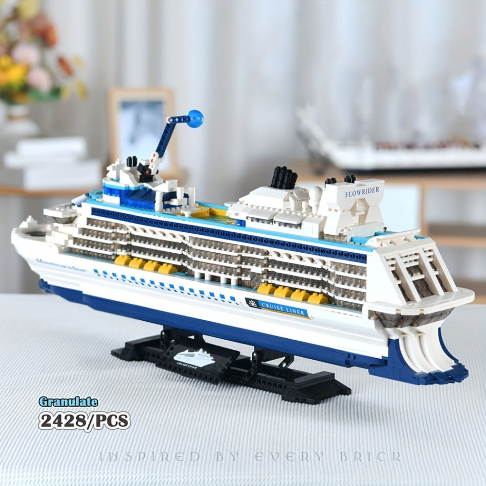 Cruise Ship Building Block Model with 2, 428 Pieces, Display Stand, Support Frame and Detailed Deck Features