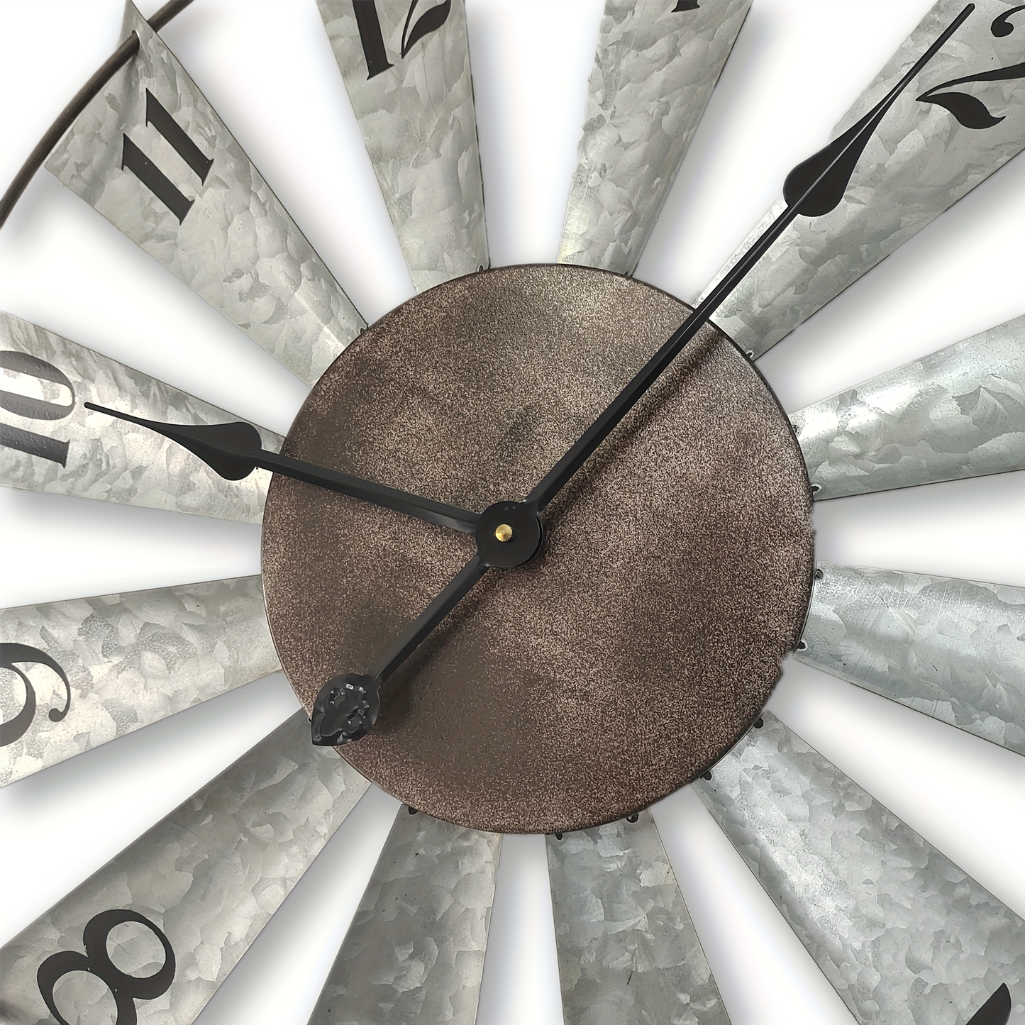 24-Inch Windmill-Style Metal Wall Clock with Galvanized-Look Silver Blades and Brown Analog Center