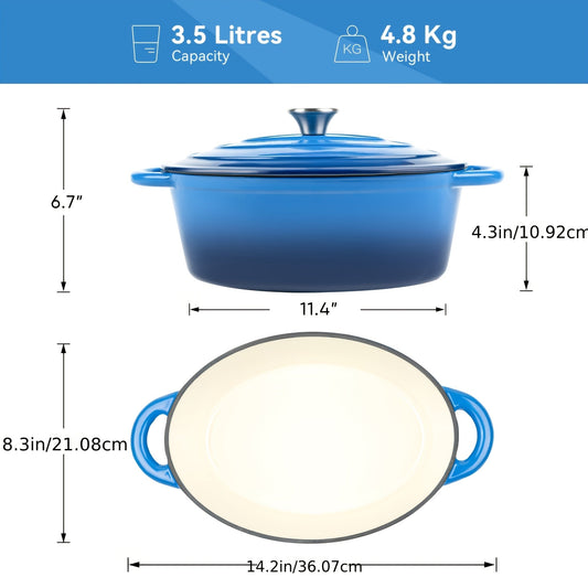 3.5L Enameled Cast Iron Dutch Oven with Oval Body, Fitted Lid, Handle Covers and Five Colors