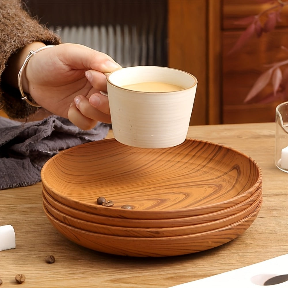 Wood Grain Plastic Dinner Plates Set of 10 – 7.8 Inch Salad Serving Plates for Kitchen Dining Table