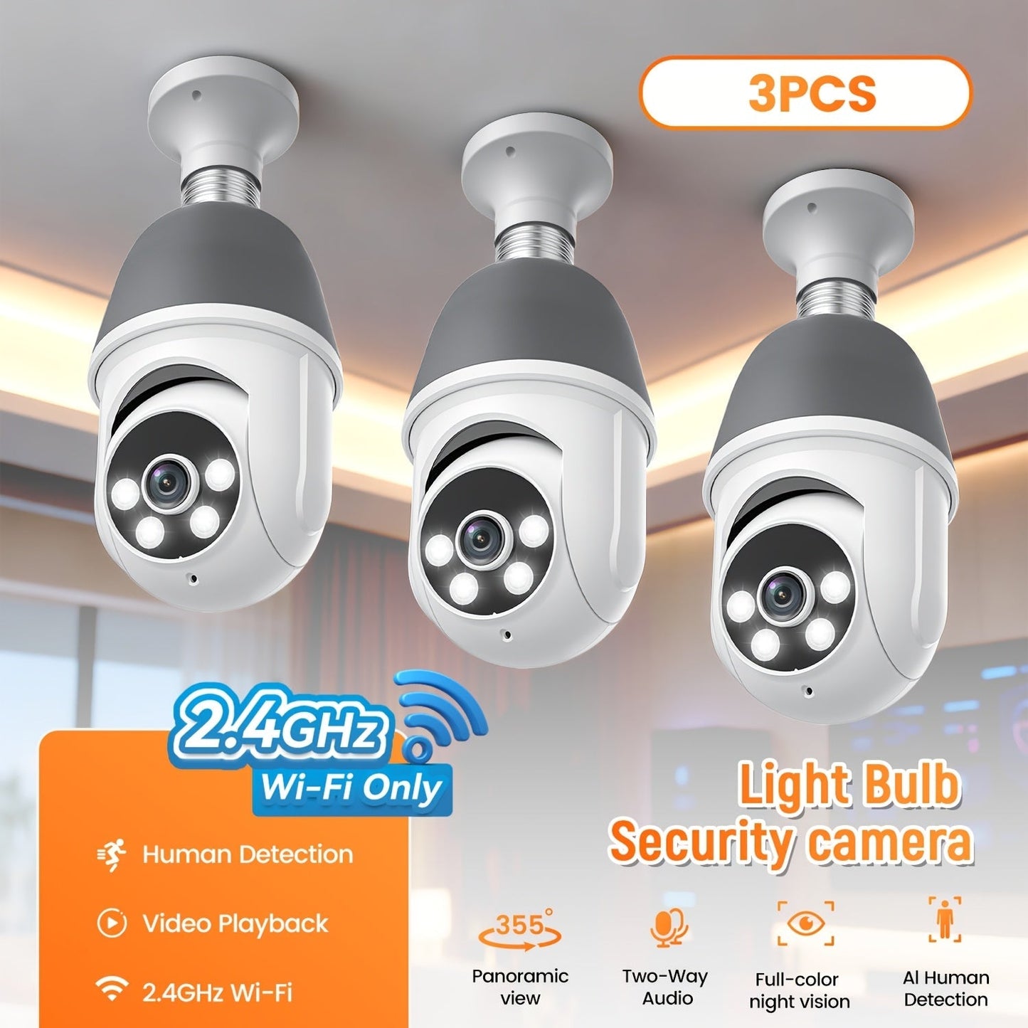AI Auto Tracking Security Camera 360° Panoramic 1920P, Infrared Night Vision Two-Way Audio 2.4GHz USB Charging