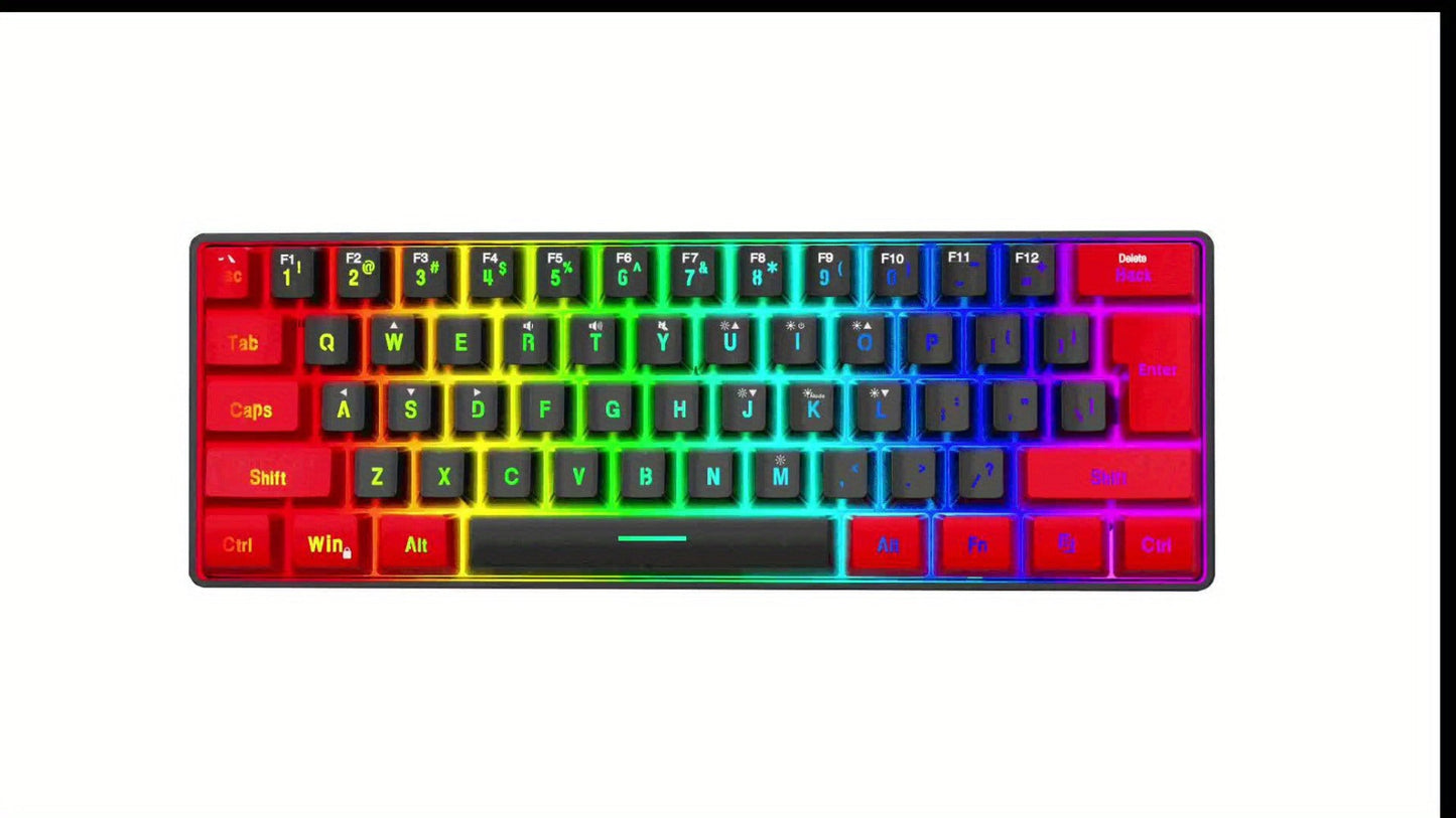 Red-and-Black 61-Key Compact Wired Keyboard with Detachable Cable and Multicolor-Lit Keycaps