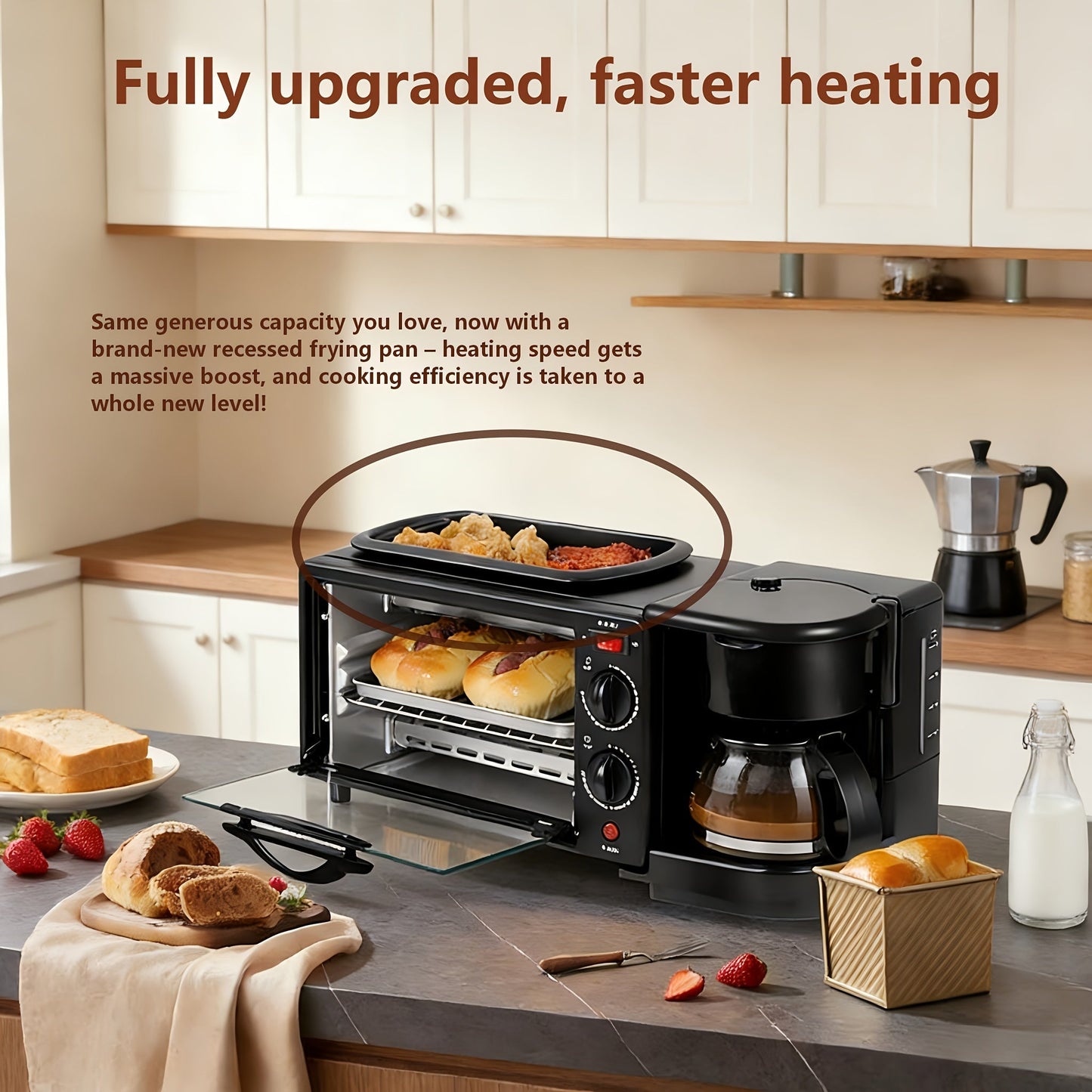 3-in-1 Breakfast Maker Station, Fry Eggs, Toast Bread & Brew Coffee All at Once, Non-Stick Coating