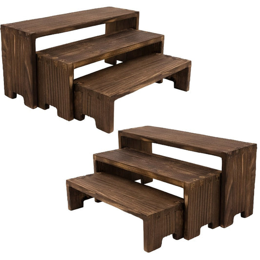 Three-Piece Nesting Tabletop Display Shelf Set in Burning Color or Wood Color Stepped Sizes