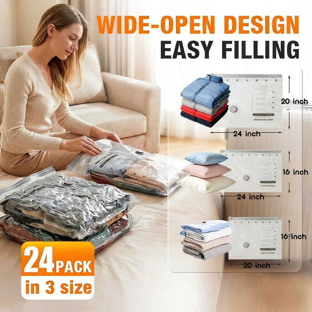 Travel Compression Bags with Pump 24 Pack – Vacuum Storage Pouches for Clothing, Space Saving Packing Bags for Suitcase Backpack