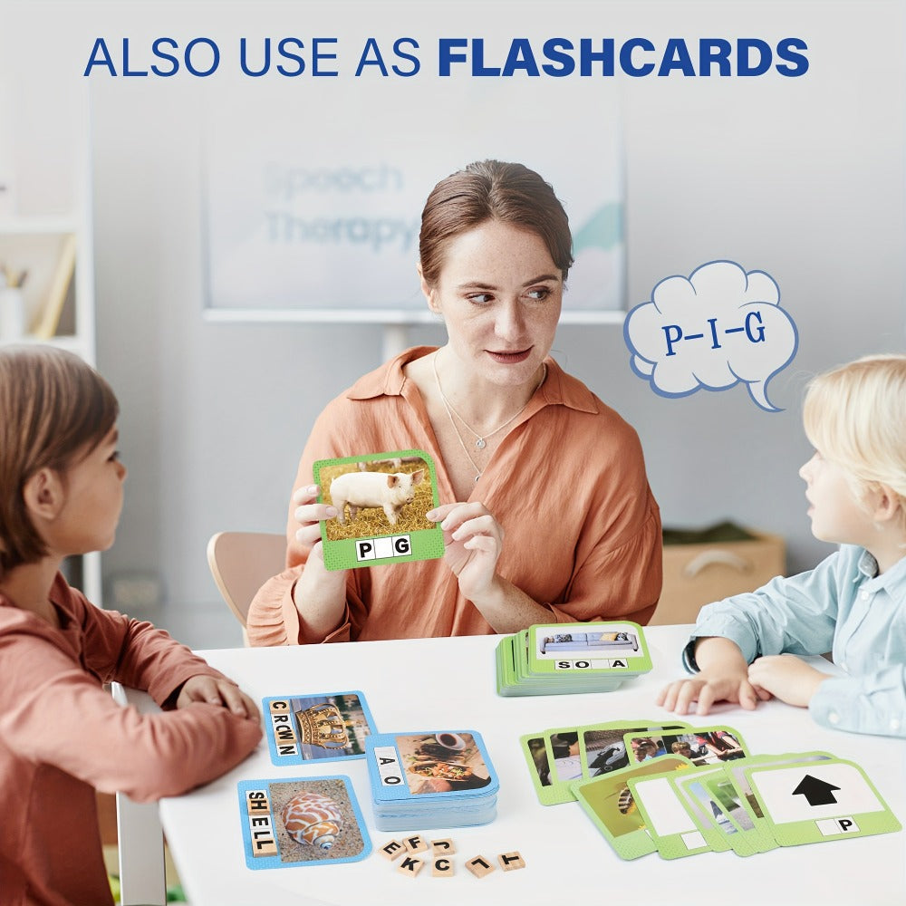 Spelling Flash Card Game for Kids Ages 4-8 β 224 Phonics Sight Word Flashcards, 208 Wood Letter Tiles & Dice