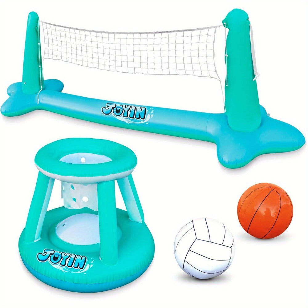 Inflatable Pool Volleyball Set with Basketball Hoop, 2-in-1 Floating Net Court Game for Kids & Adults