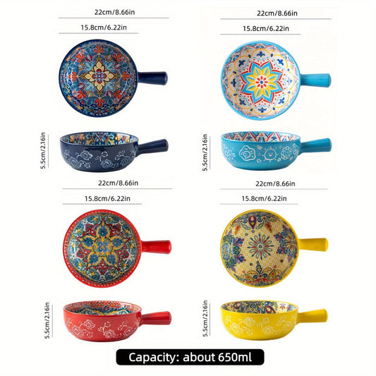 Ceramic Salad Bowl Set of 4 Bohemian Style 8.7 Inch with Handles Microwave and Oven Safe Colorful Serving Bowls for Home Baking Table