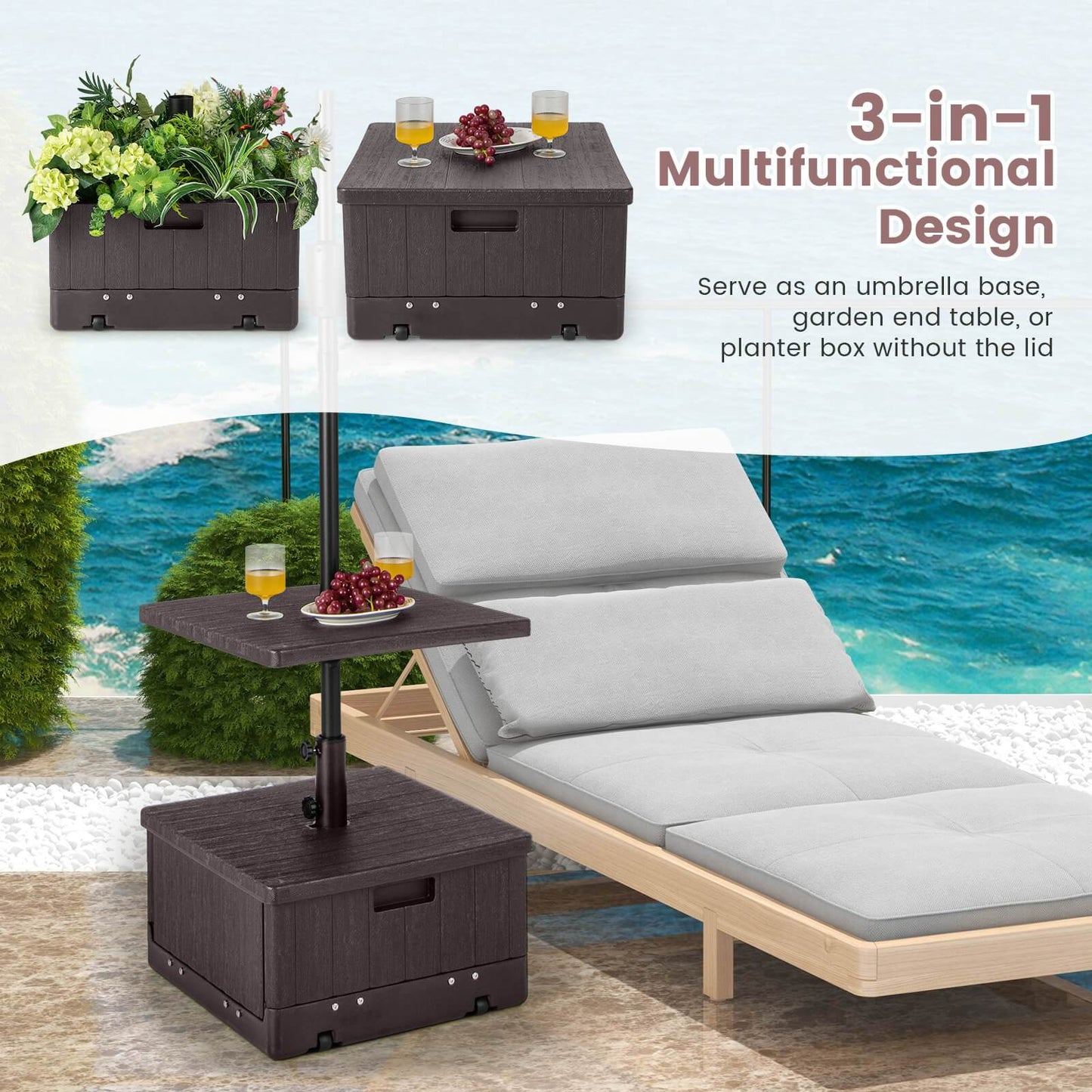 Patio Umbrella Base 3-in-1 Fillable with Table Tray & Planter Box Wheeled Stand Fits 1.5"/1.9" Poles for Garden, Patio and Yard Use