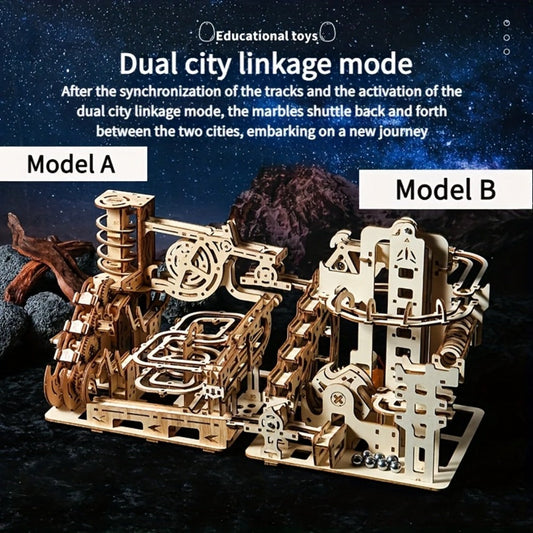 Wooden Marble Track Model Kit with Dual-Linkage A or B Builds, Laser-Cut Panels, Gears and Ball Rails
