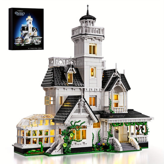 Building Block Set Owen's House with 1877 Pieces, Three-Level Tower, Porch, Conservatory and Lighting