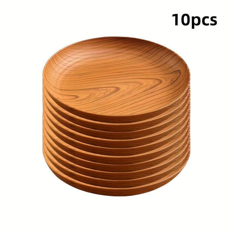 10pcs Wood Grain Dinner Plates Set – Round Striped Plastic Serving Trays for Home Kitchen Dessert Shop Restaurant