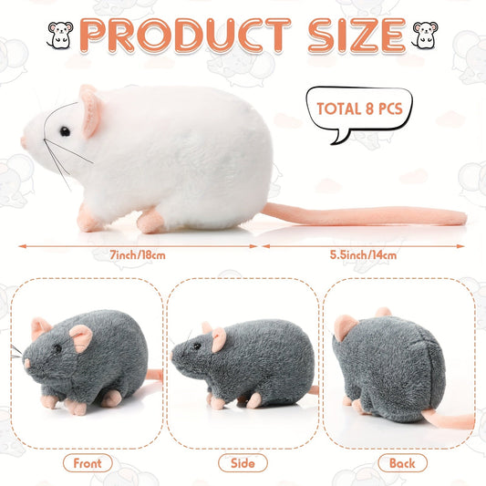 Cat Toy 8-Pack of 7-Inch Plush Mice in White, Gray and Brown with Long Tails and Rounded Bodies