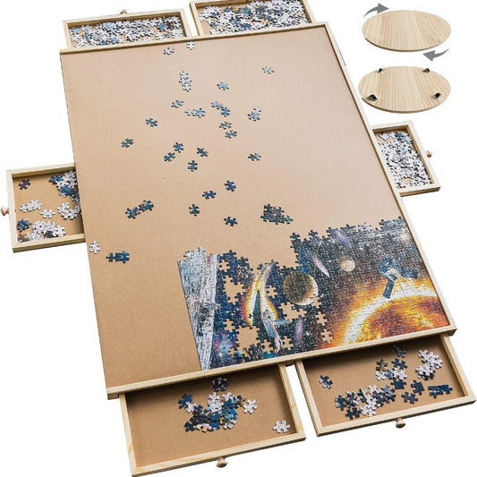 Wood-Look Puzzle Board with Six Sorting Drawers, 35.3 x 26.7-Inch Surface and 1500-Piece Label