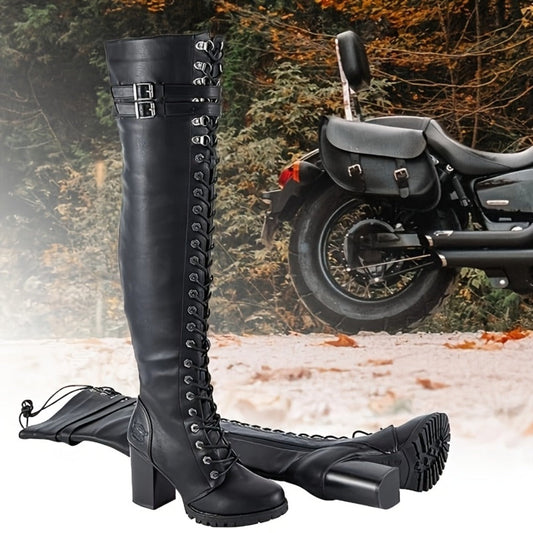 Women's Over-the-Knee Biker Boots, Faux Leather Thigh High Lace-Up Knee High Boots with Chunky Heel & Buckle