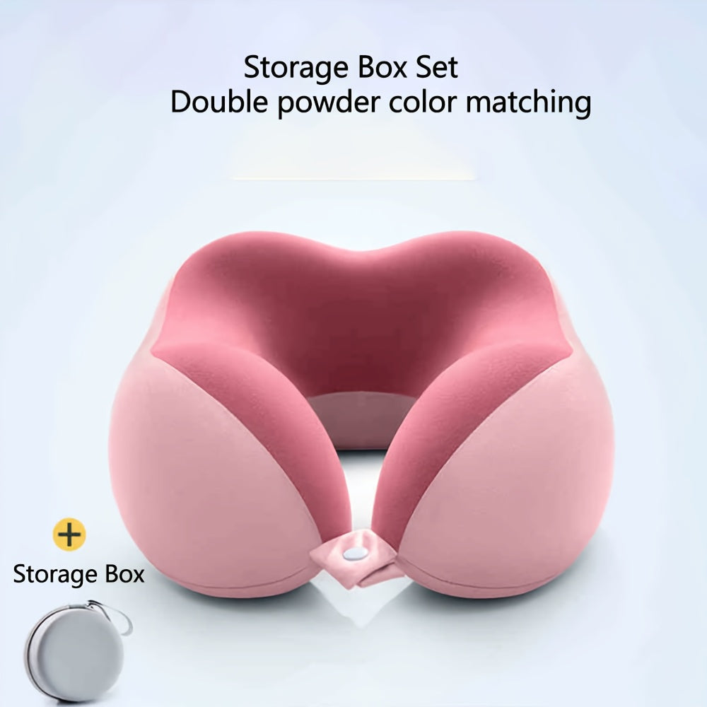 Rollable Memory Foam Travel Neck Pillow with Round Storage Case in Beige, Black or Pink-and-Gray Color Block