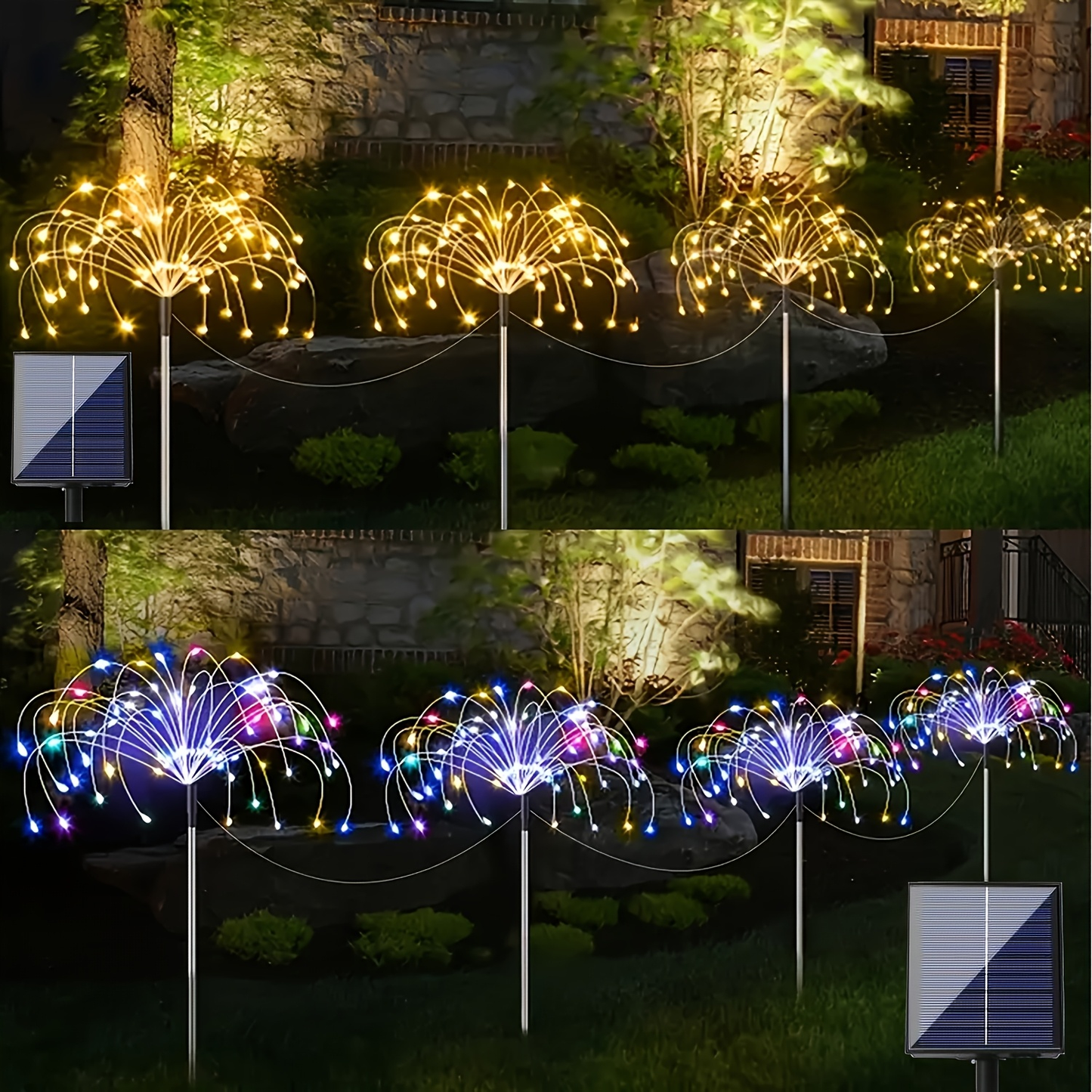 Solar Garden Lights Firework Stakes with 240/360/480 LEDs, 8 Modes, 4/8 Packs and Three Colors