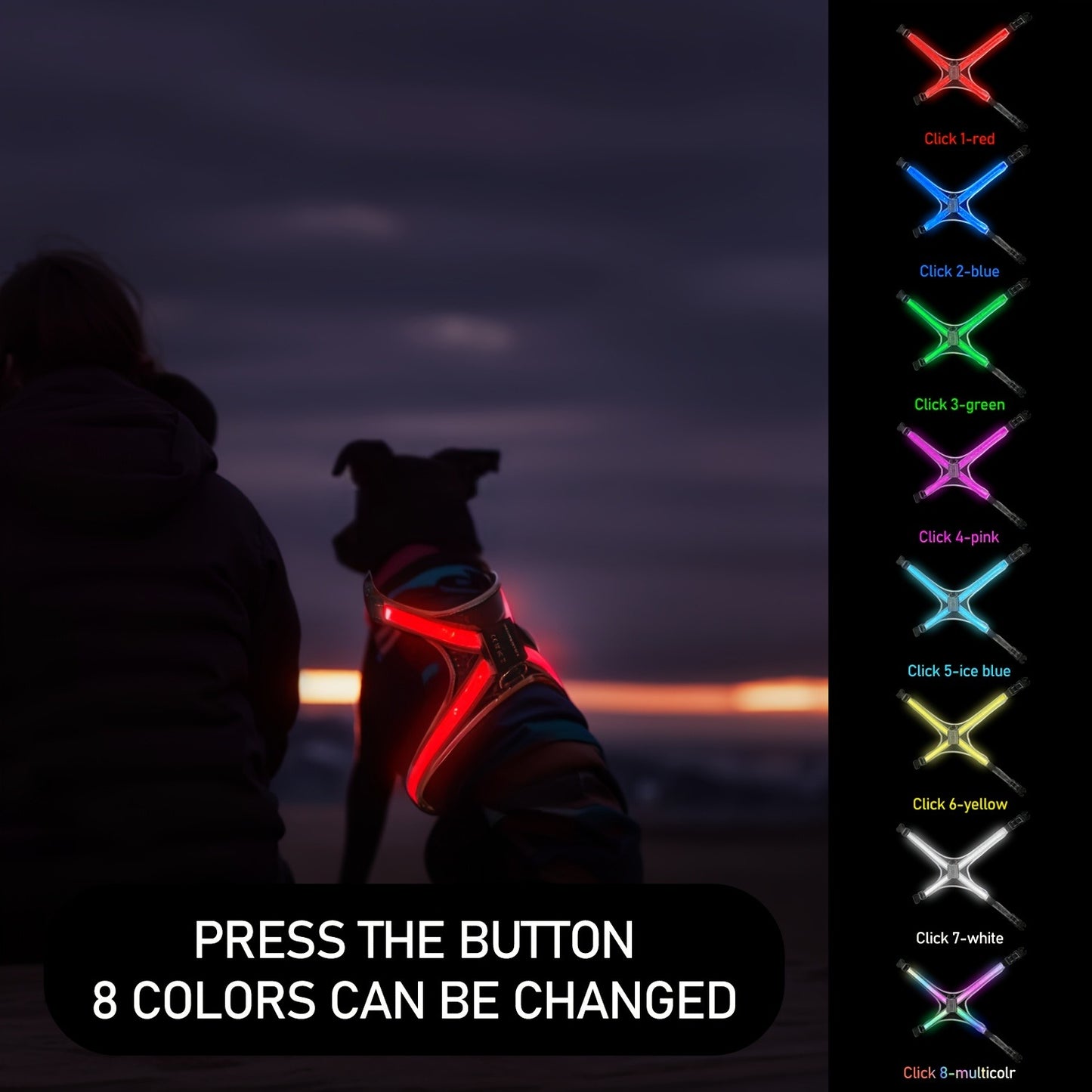 LED Dog Safety Vest USB Rechargeable 8 Color Flashing Light Night Visibility Harness for Medium Large Dogs Reflective Pet Walking Vest