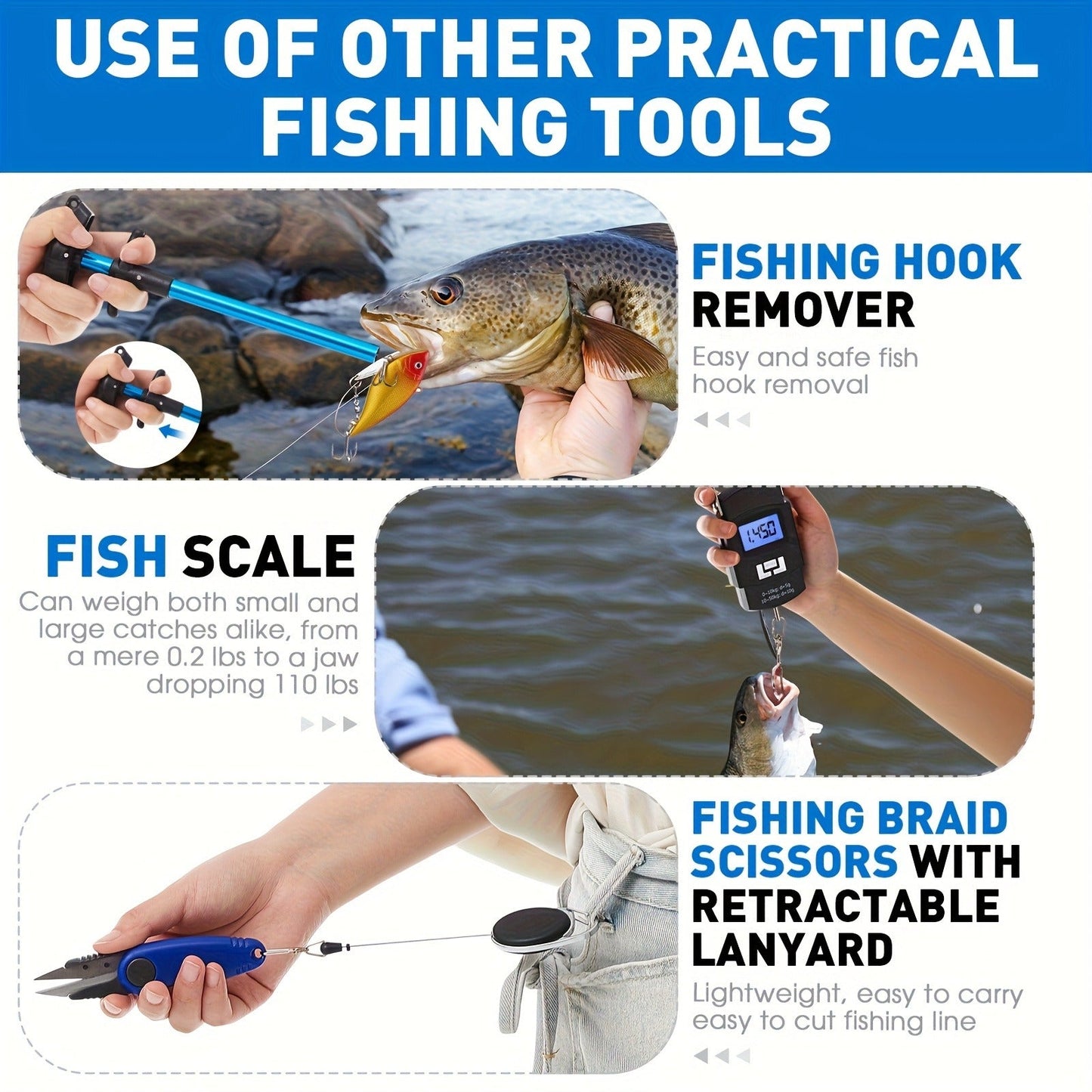 Fishing Tool Kit 10-Piece – Fishing Pliers with Lanyard & Sheath, Landing Net, Fillet Knife, Fish Scale, Gripper, Hook Remover