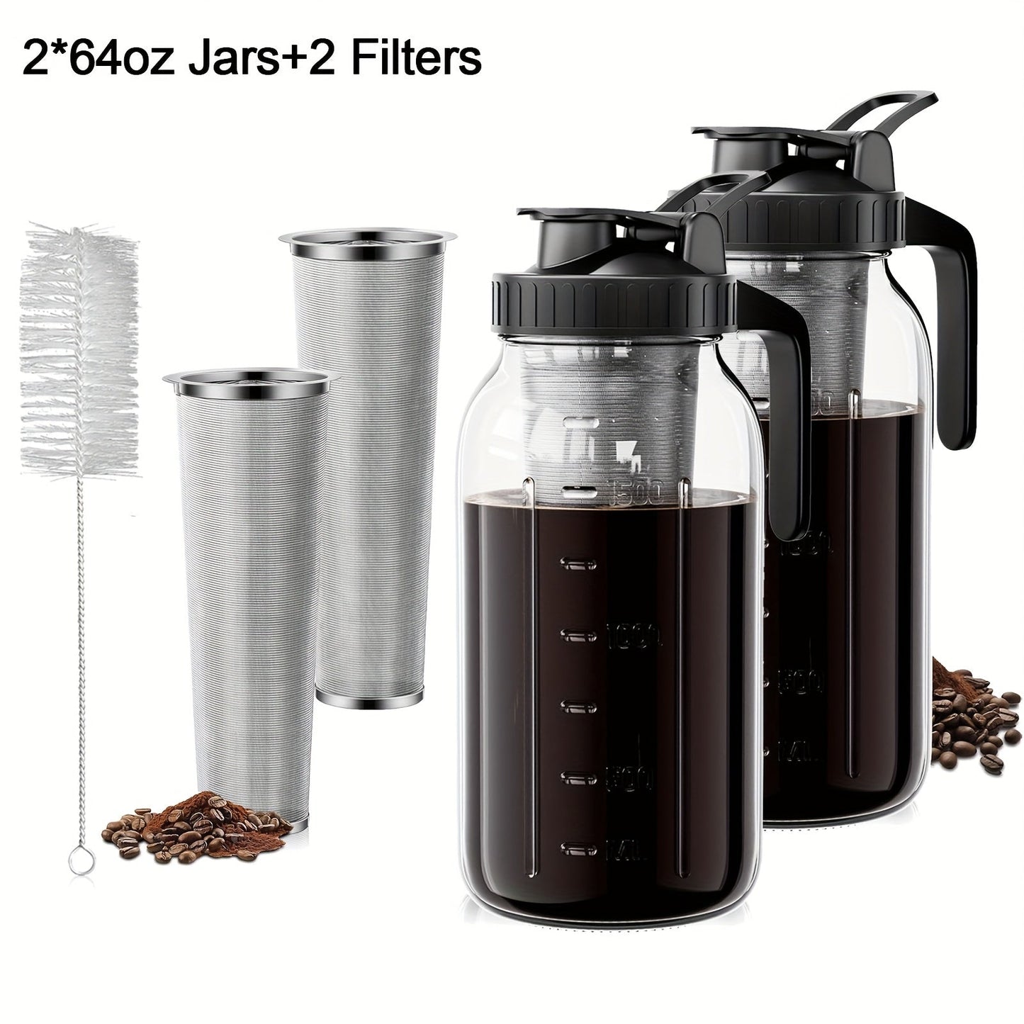 Cold Brew Coffee Pot Set with Stainless Steel Filters & Cleaning Brush – 32oz Glass Mason Jar Cold Brew Maker for Home