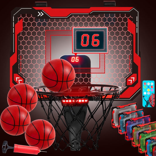 Indoor Basketball Hoop for Kids Over the Door, Light Up LED Scoreboard 4 Balls Air Pump 3 Game Modes 7 Light Shows