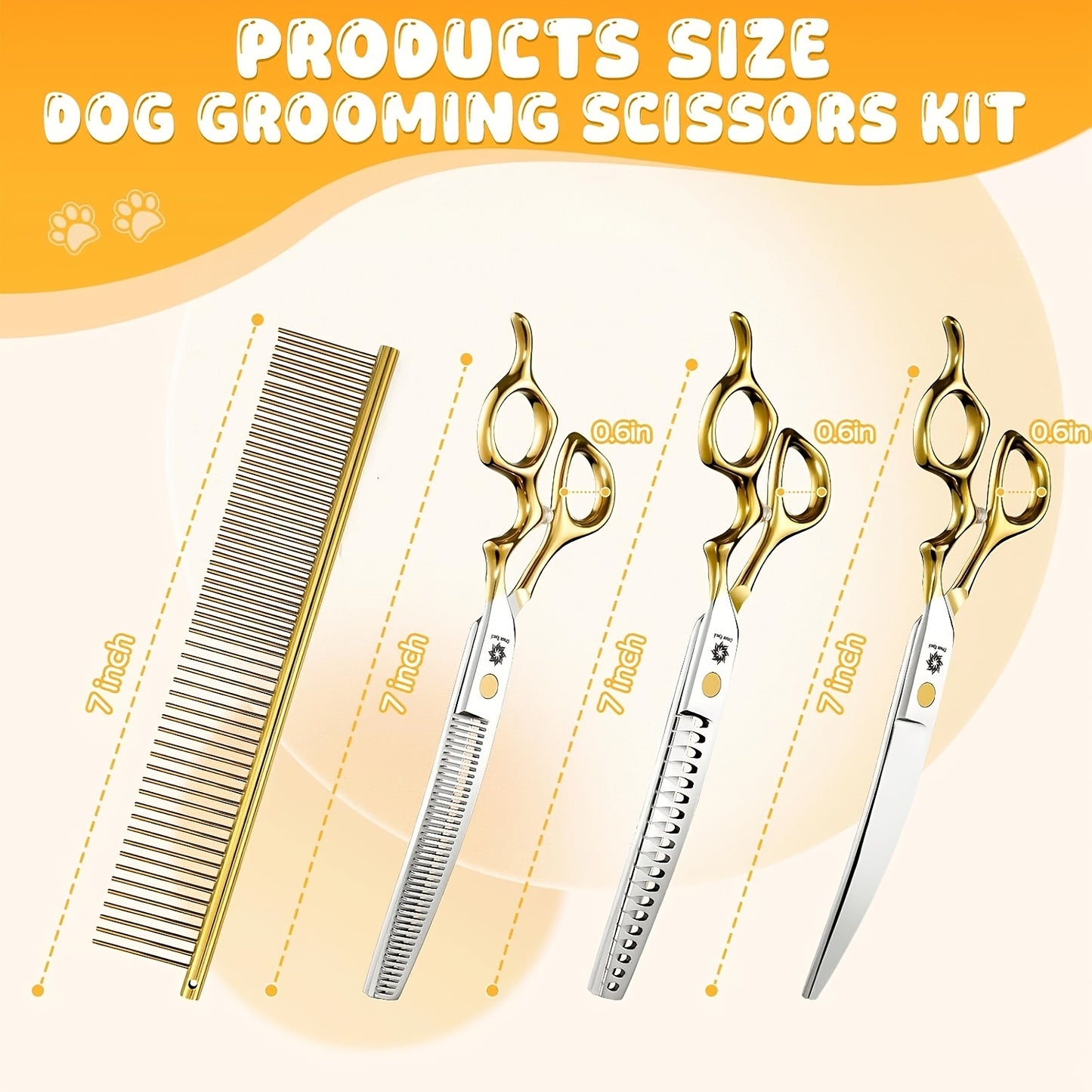 Curved Dog Grooming Shears Set 7 Inch – 440C Stainless Steel Curved Scissors Thinning Chunker Comb Ergonomic Handle Professional Pet