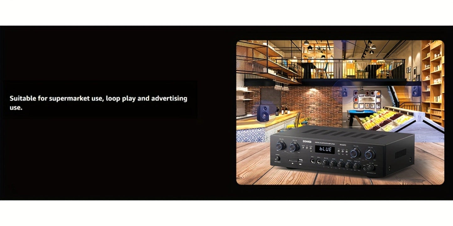 Donner 4-Channel Home Stereo Receiver Amplifier with USB SD FM Radio, Dual Mic Input Echo, RCA
