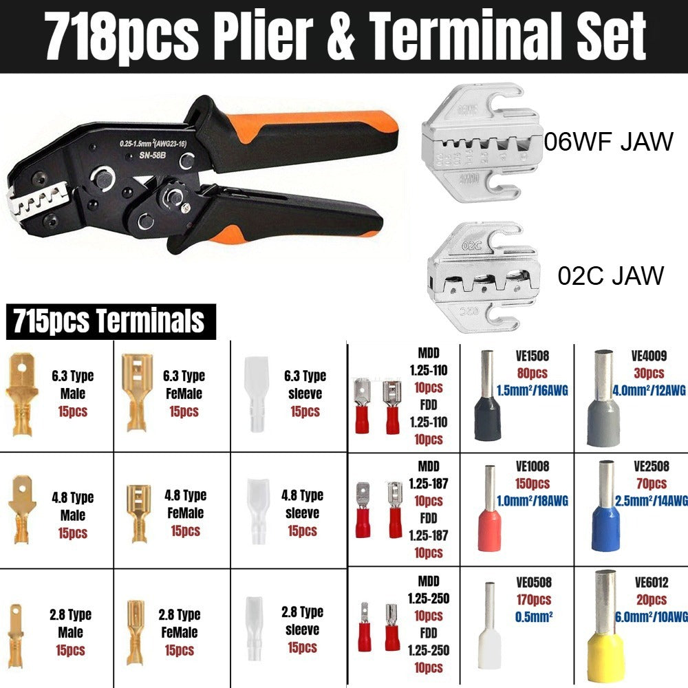 Wire Crimper Kit 718pcs SN-68B Ratchet Crimping Tool AWG28-16 with Replaceable Jaw & Assorted Terminals