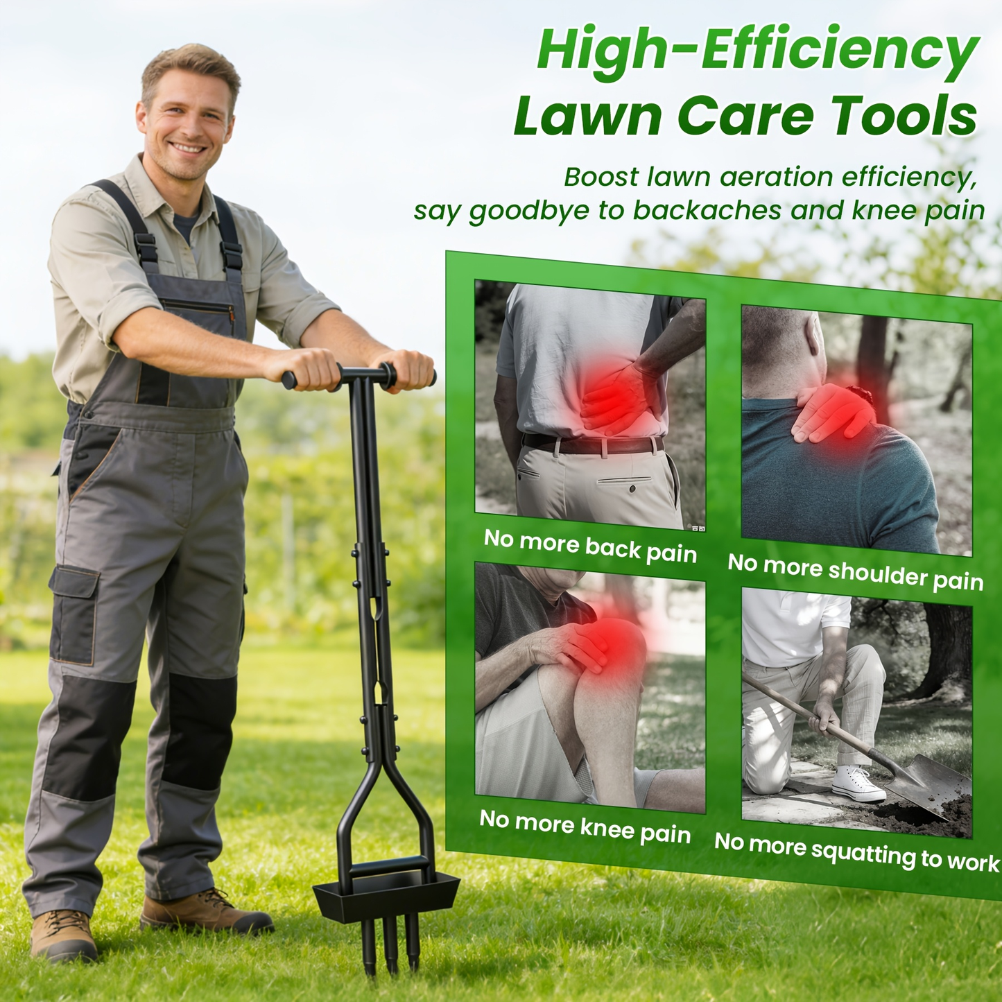 Step Spike Aerator 38" Three-Hole Core Aeration Tool, Labor-Saving Lawn Soil Loosener & Ventilation Device for Lawn Care