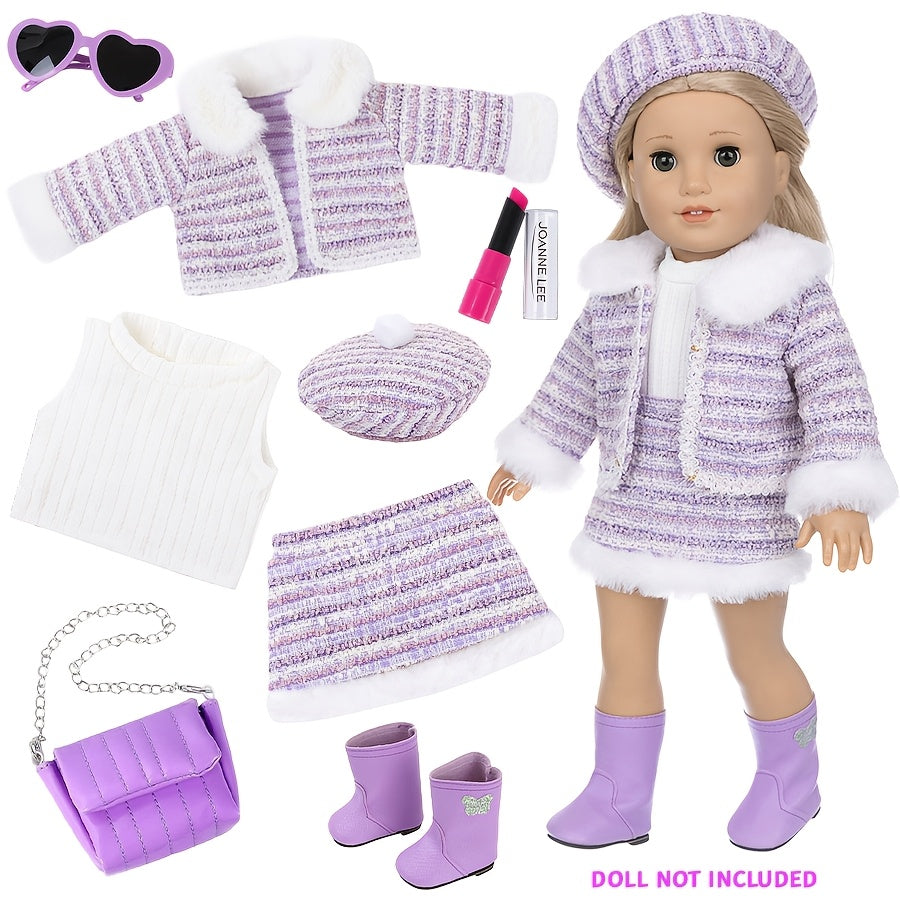 18 Inch Doll Knitted Clothes Outfit Set with Hat Jacket Skirt Shoes Socks Sunglasses Lipstick