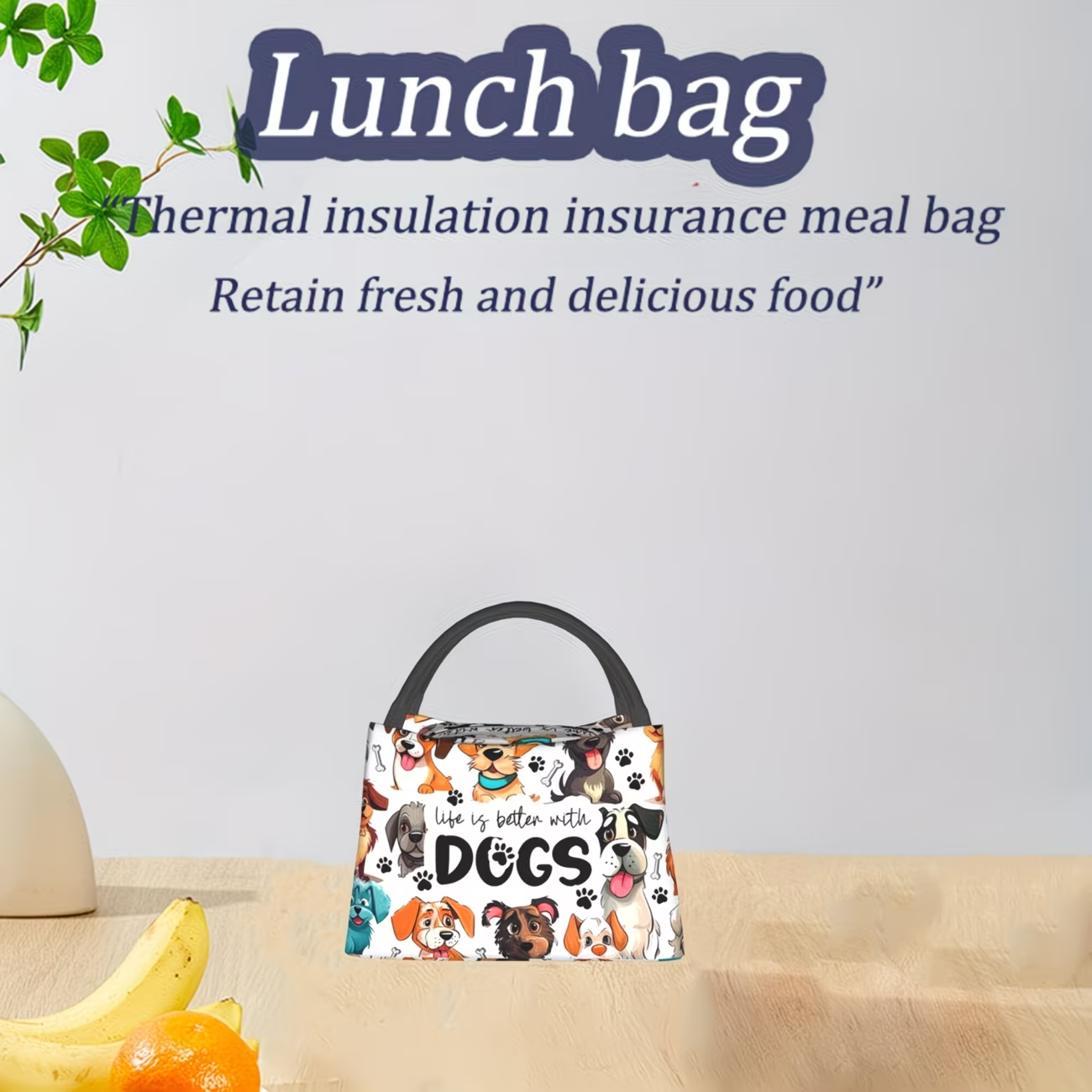 Dog-Print Lunch Tote with Black Handles in a 10.6 x 6.3 x 6.7-Inch Single Checkout and Zip Top