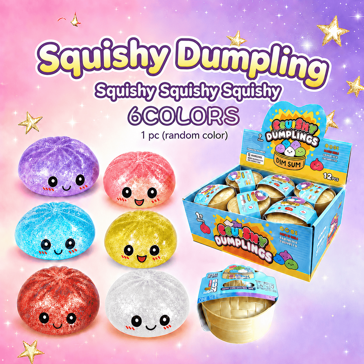 Dumpling Squishy Mystery Ball Single Pack, Random Glitter Color Stress Ball with Steamer Basket Design
