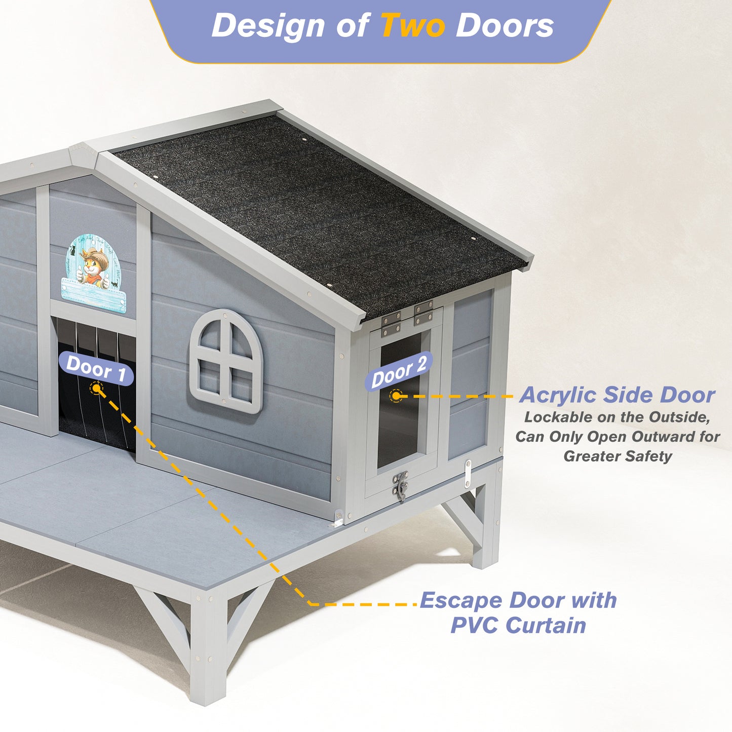 Outdoor Cat House Wooden Weatherproof Feral Cat Shelter with Deck, Elevated Legs & 2 Escape Doors – Large Indoor Outdoor Catio for 1-3 Cats