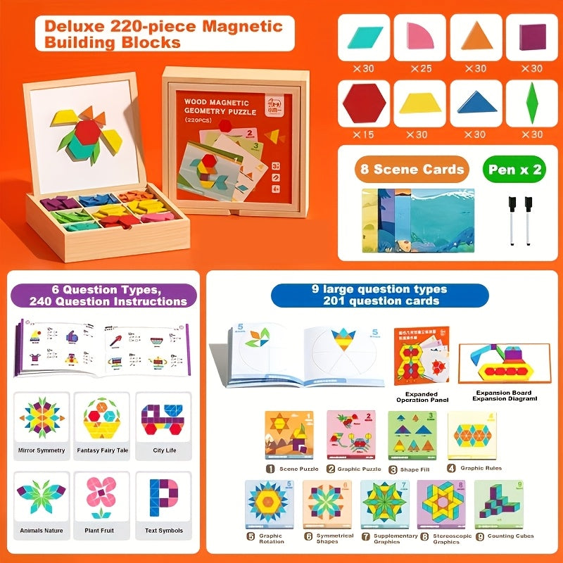 Magnetic Wooden Puzzle Board for Kids, 128/180/220/280 PCS Geometric Shape Recognition & Logical Thinking Toy