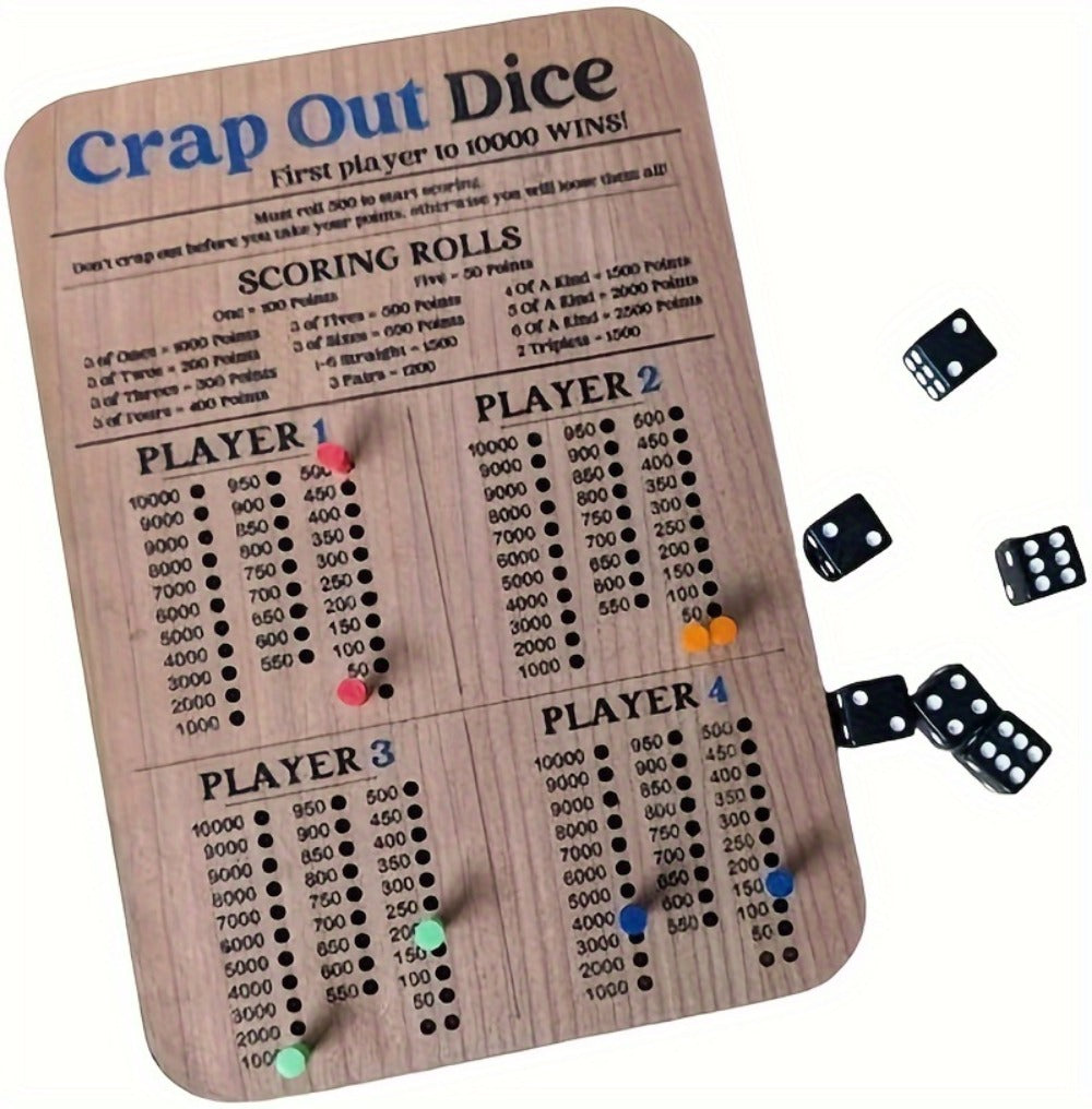 Crap Out Dice Score Board Game 2pcs – 10 Inch Wooden Dice Scoreboard with 6 Dice & 12 Scoring Pegs, Fun Family Dice Game for 1-4 Players